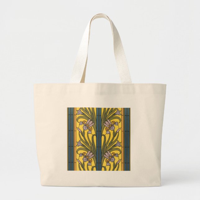 Iris Flower Art Nouveau Stained Glass Blue Gold Large Tote Bag (Front)
