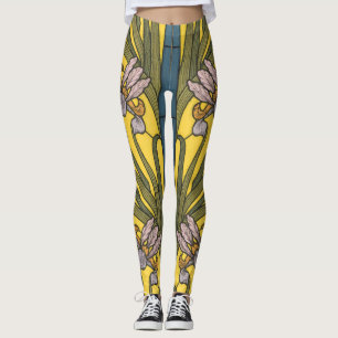 Iris Flower Art Nouveau Stained Glass Blue Gold Leggings