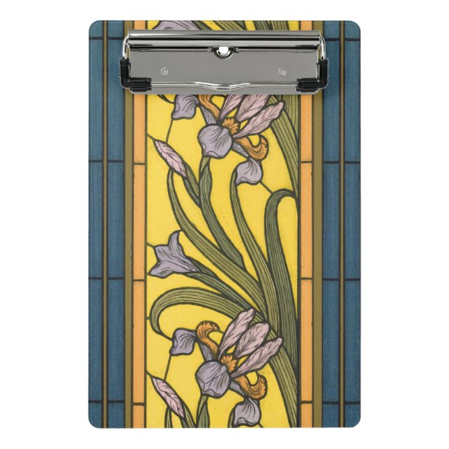Iris Flower Art Nouveau Stained Glass Blue Gold Mini Clipboard (Front)