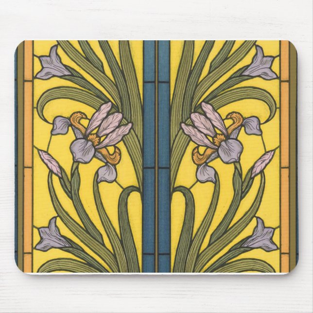 Iris Flower Art Nouveau Stained Glass Blue Gold Mouse Mat (Front)