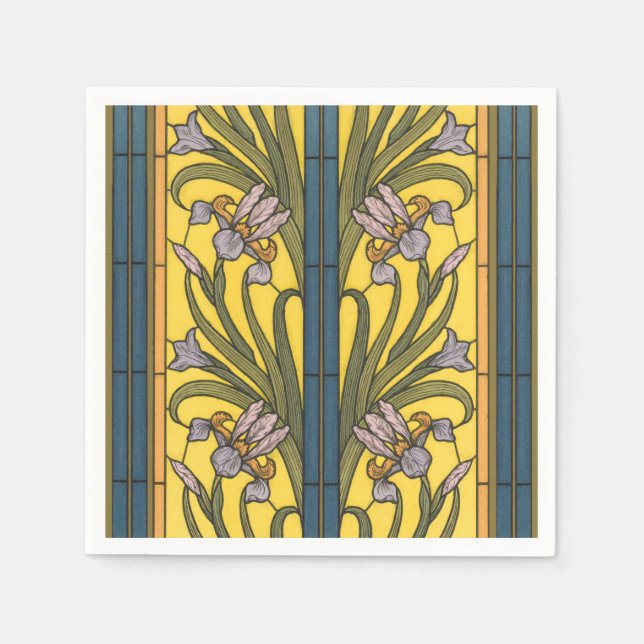 Iris Flower Art Nouveau Stained Glass Blue Gold Napkin (Front)