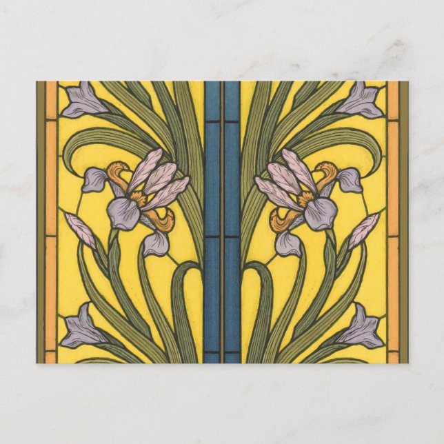 Iris Flower Art Nouveau Stained Glass Blue Gold Postcard (Front)