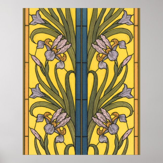 Iris Flower Art Nouveau Stained Glass Blue Gold Poster (Front)