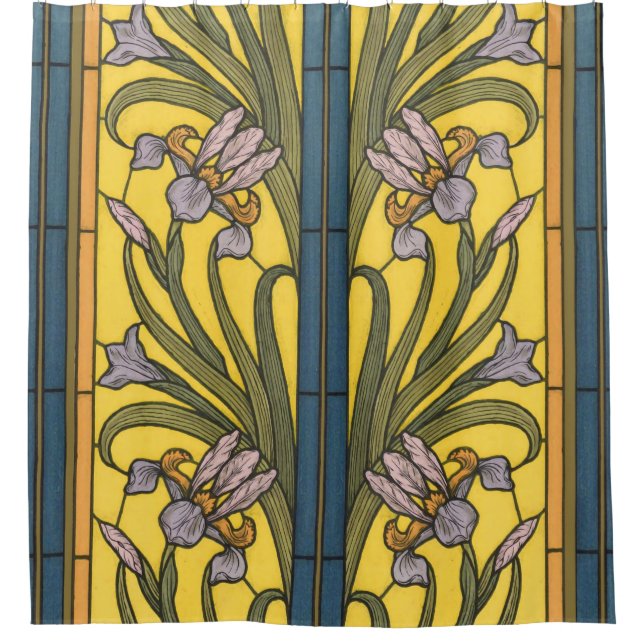 Iris Flower Art Nouveau Stained Glass Blue Gold Shower Curtain (Front)