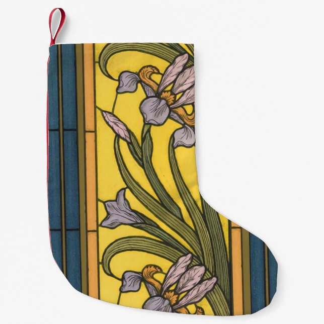Iris Flower Art Nouveau Stained Glass Blue Gold Small Christmas Stocking (Front)