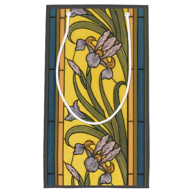 Iris Flower Art Nouveau Stained Glass Blue Gold Small Gift Bag (Front)