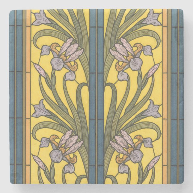 Iris Flower Art Nouveau Stained Glass Blue Gold Stone Coaster (Front)
