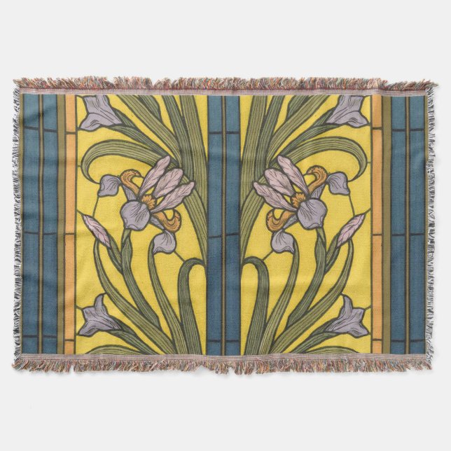 Iris Flower Art Nouveau Stained Glass Blue Gold Throw Blanket (Front)