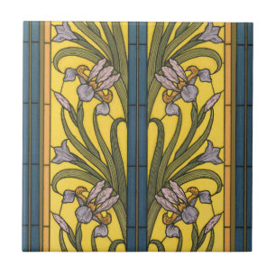 Iris Flower Art Nouveau Stained Glass Blue Gold Tile