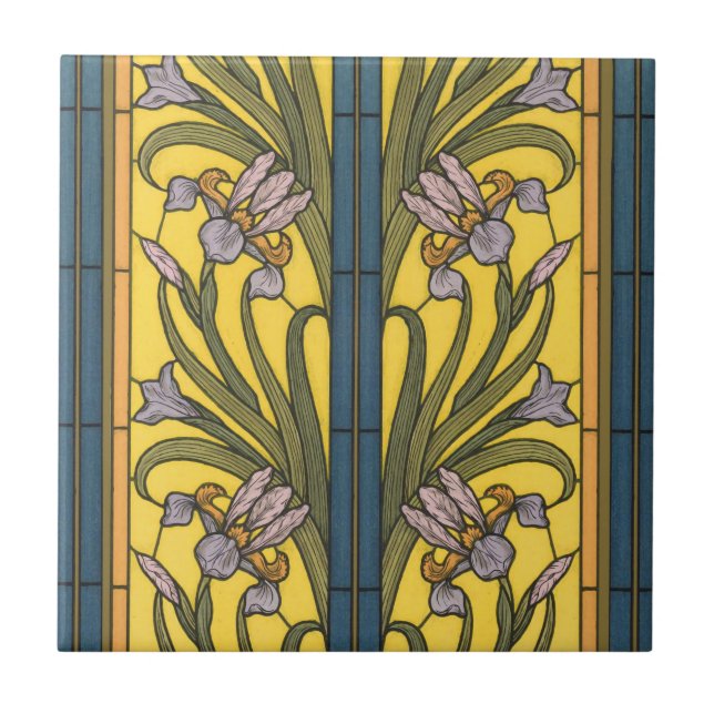 Iris Flower Art Nouveau Stained Glass Blue Gold Tile (Front)