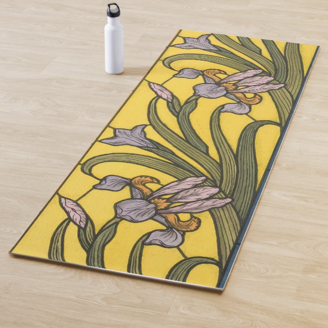 Iris Flower Art Nouveau Stained Glass Blue Gold Yoga Mat (In Situ)