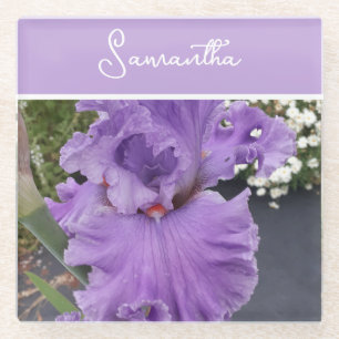 Iris Flower Flowers Purple Lavender Womans Name Glass Coaster