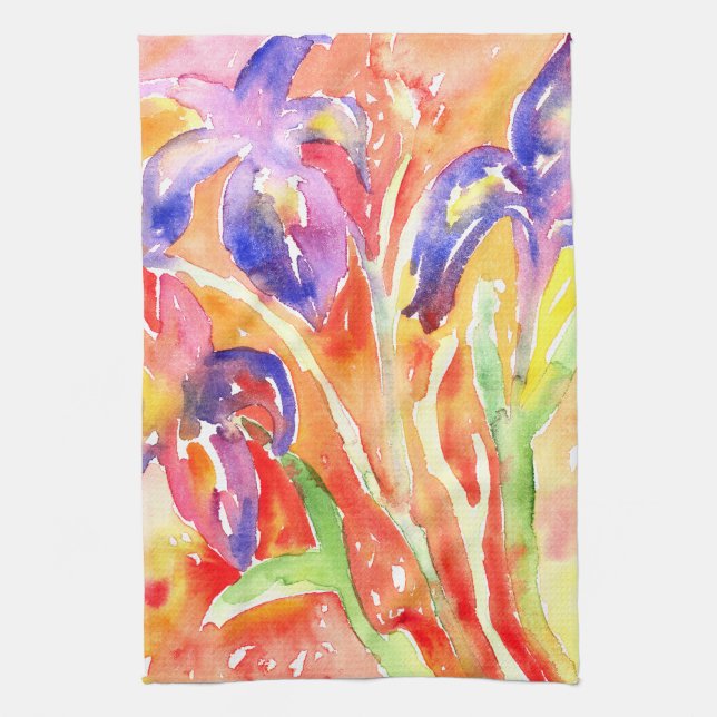 Iris Flower Watercolor Painting Tea Towel (Vertical)