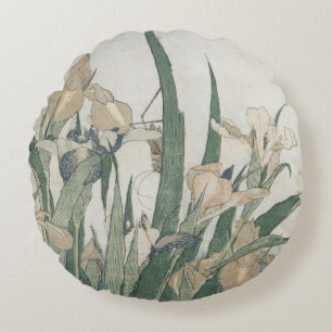 Iris Flowers and Grasshopper, c.1830-31 Round Cushion