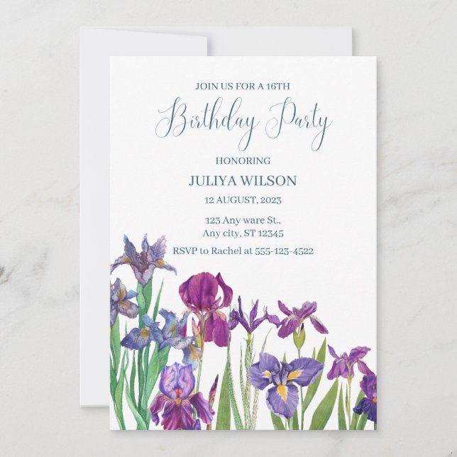 Iris flowers Birthday Party  Invitation (Front)