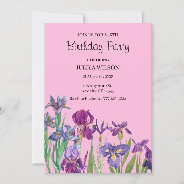 Iris flowers Birthday Party  Invitation (Front)
