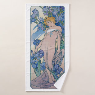 Iris (Four Flowers), Alphonse Mucha Bath Towel