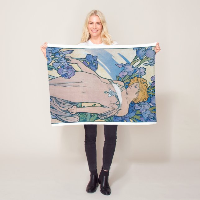 Iris (Four Flowers), Alphonse Mucha Fleece Blanket (In Situ)