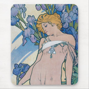 Iris (Four Flowers), Alphonse Mucha Mouse Mat