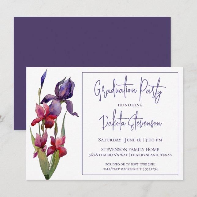 Iris Graduation Party | Violet Purple Pink Flower Invitation (Front/Back)