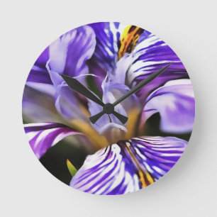 Iris In Violet Lilac and Purple Botanical Art Round Clock