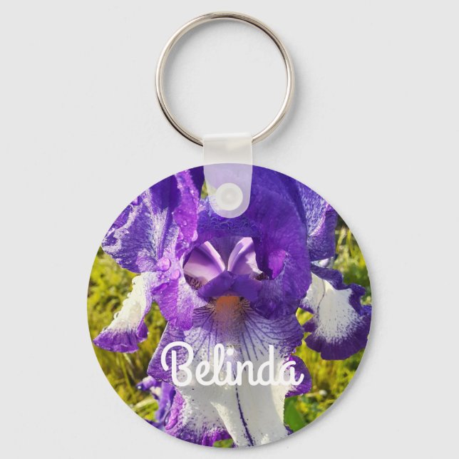 Iris Irises Blue White Flower Floral Womans Name Key Ring (Front)