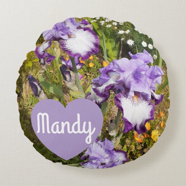 Iris Irises Purple Flower Birthday Girls Name Round Cushion (Front)