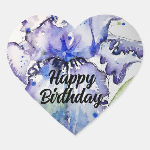 Iris Irises Purple Flower Floral Blue Waterolor Heart Sticker