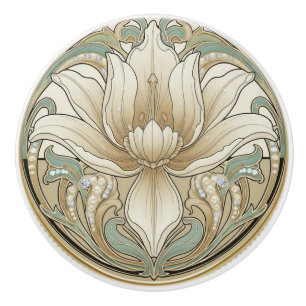 Iris Lily Sage Green Cream Gold Art Deco Nouveau Ceramic Knob