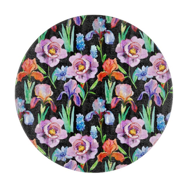 Iris Peony Watercolor Floral Pattern Cutting Board (Front)