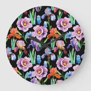 Iris Peony Watercolor Floral Pattern Large Clock