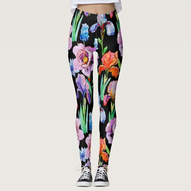 Iris Peony Watercolor Floral Pattern Leggings (Front)