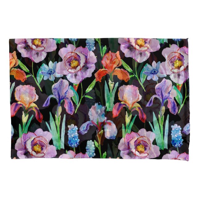 Iris Peony Watercolor Floral Pattern Pillowcase (Front)