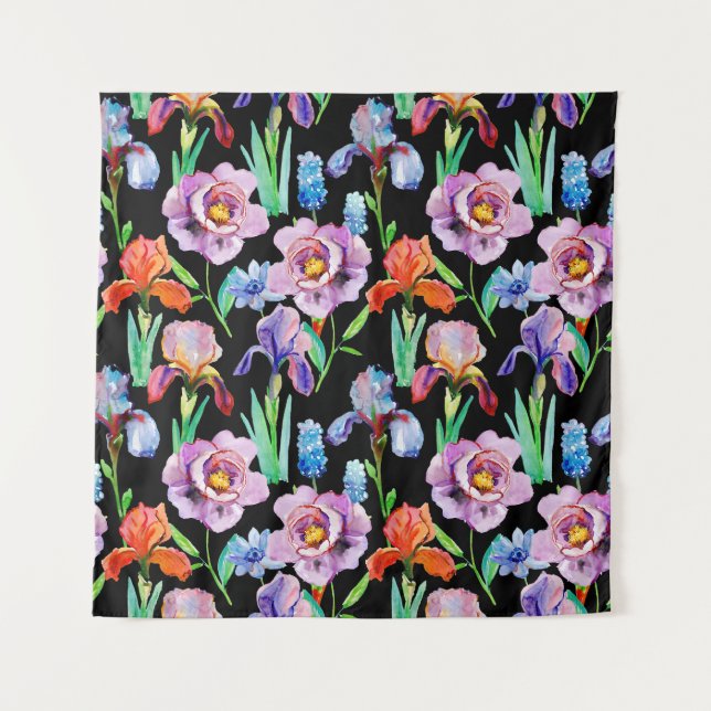 Iris Peony Watercolor Floral Pattern Tapestry (Front)