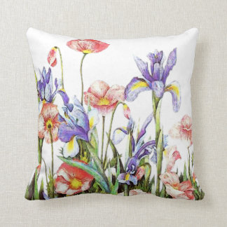 Iris & Poppy Flowers Watercolor Floral Cushion