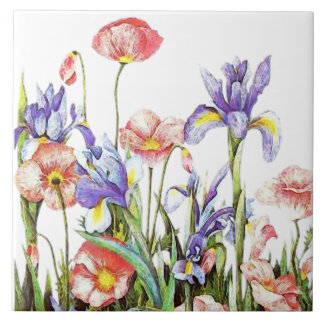 Iris & Poppy Flowers Watercolor Floral Tile