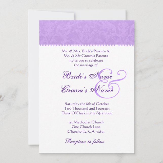 Iris Purple and White Damask Wedding Invitation (Front)