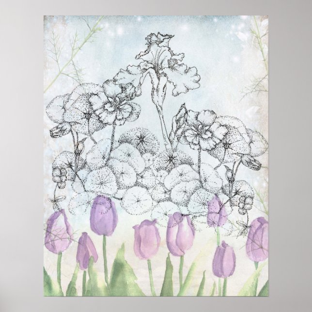 Iris Purple Tulip Watercolor Flowers Collage Poster (Front)