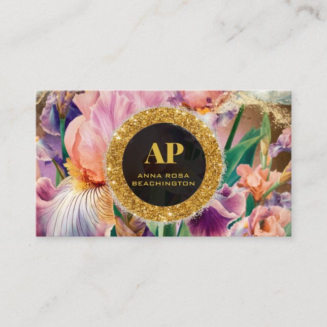 *~ Iris QR Pink AP10 Flowers Gold Business Card (Front)