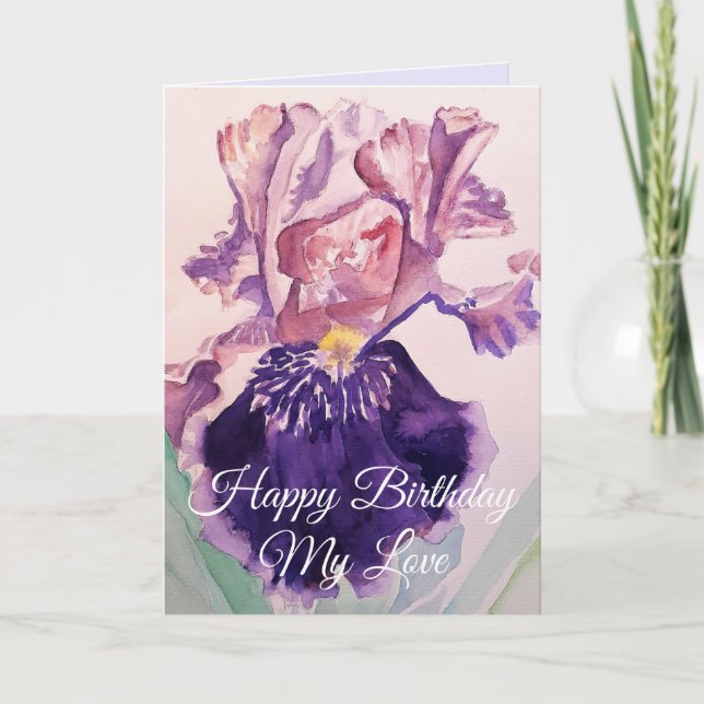 Iris Watercolour Purple Garden Birthday Greetings Card (Front)