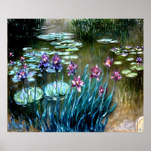 Irises and Water Lilies in the Garden at Giverny Poster