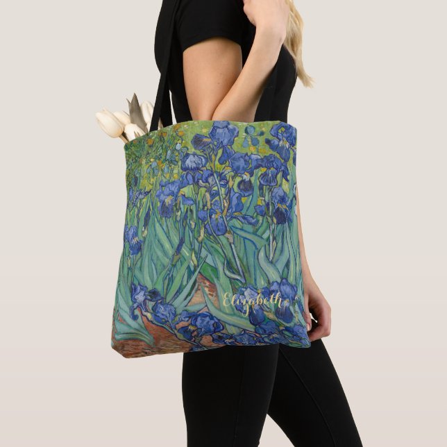 Irises Flowers Vincent Van Gogh Monogrammed Art Tote Bag (Close Up)