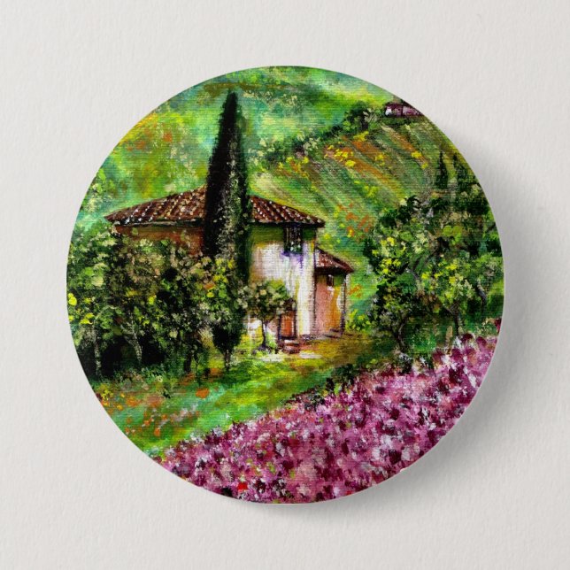 IRISES IN GREEN TUSCANY LANDSCAPE 7.5 CM ROUND BADGE (Front)
