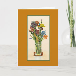 Irises in Vase Watercolor painting birthday Card
