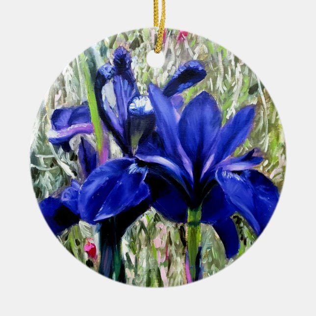 Irises oil painting ceramic tree decoration (Front)