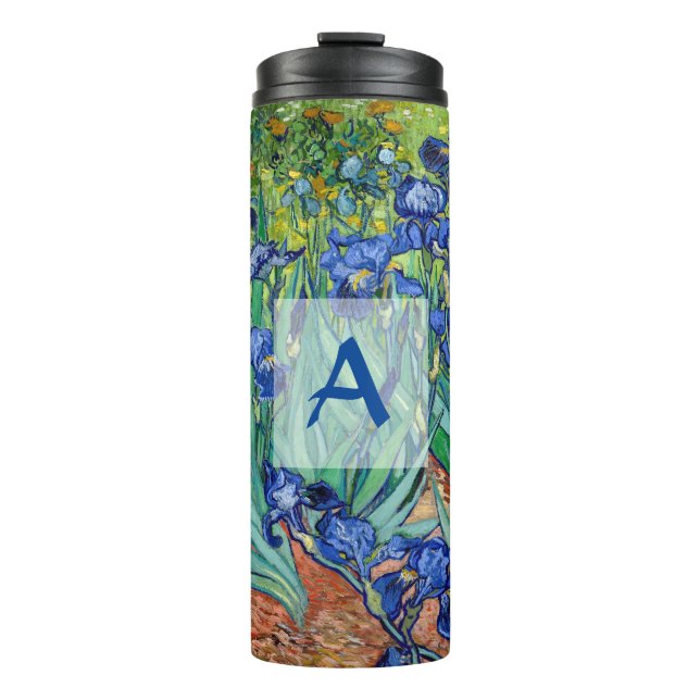 Irises Vincent Van Gogh Blue Flowers Art Monogram Thermal Tumbler (Front)