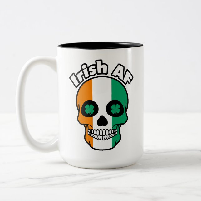 Irish AF, Happy St. Paddy's Day, Irish Flag Skull  Two-Tone Coffee Mug (Left)