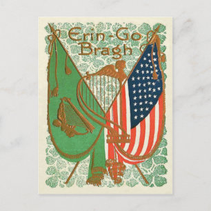 Irish American Flag Harp of Erin Shamrock Postcard