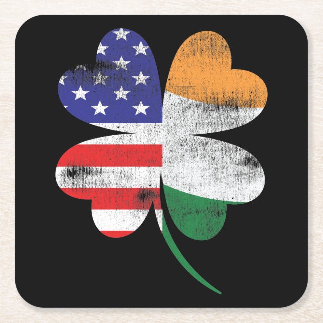IRISH AMERICAN FLAG Ireland Shamrock Square Paper Coaster (Front)