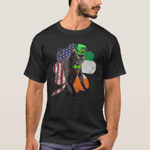 Irish American Flag Shamrock Black Cat St Patrick' T-Shirt
